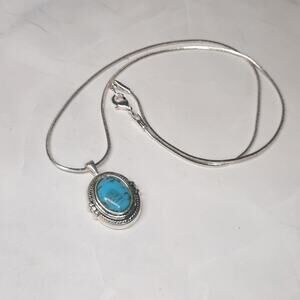 Silver Tone and Faux Turquoise Oval Pendant Necklace